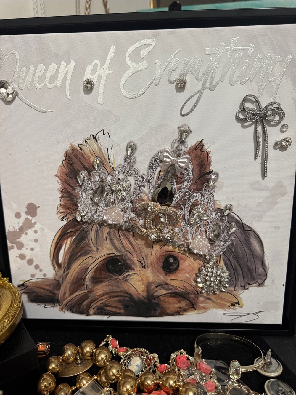 12x12 Dog Wall Art with Silver Crown Accent hand accented w Upcycled jewelry!!!